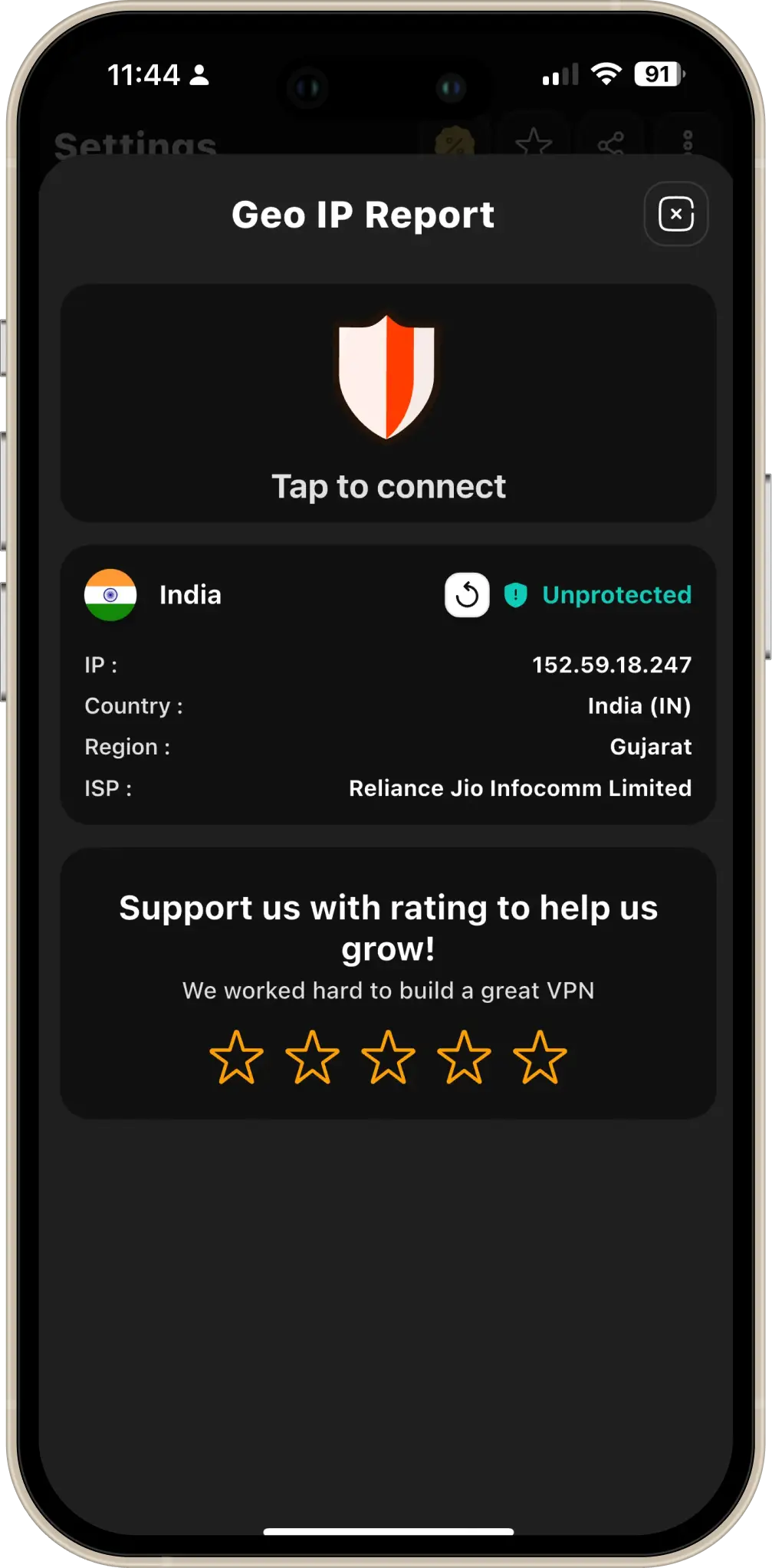 Device location and IP before connecting to VPN