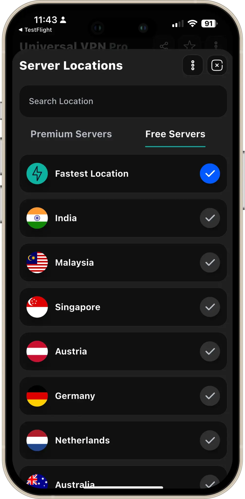 Universal VPN app showing multiple server locations