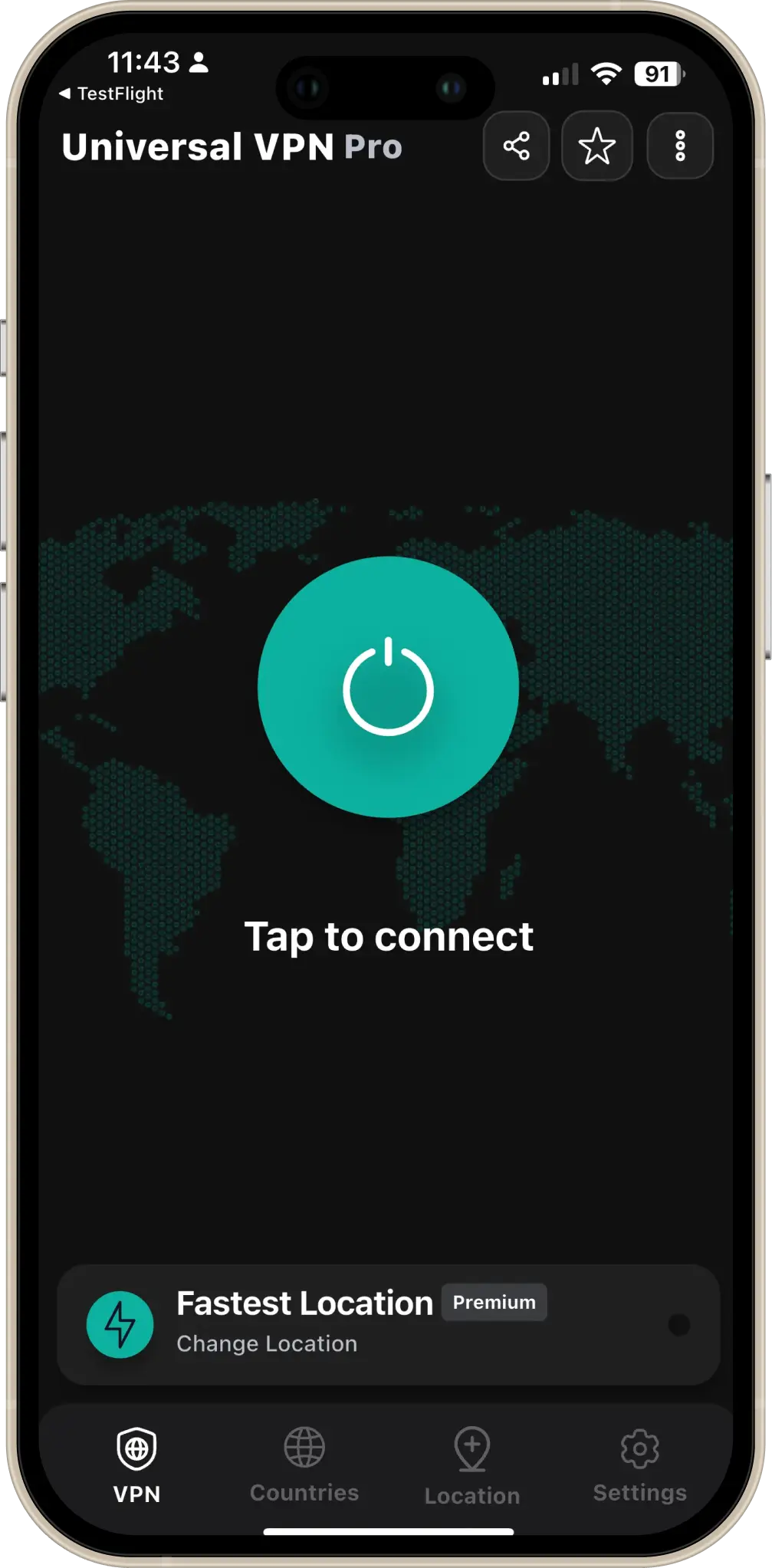 Universal VPN app main screen with Connect button